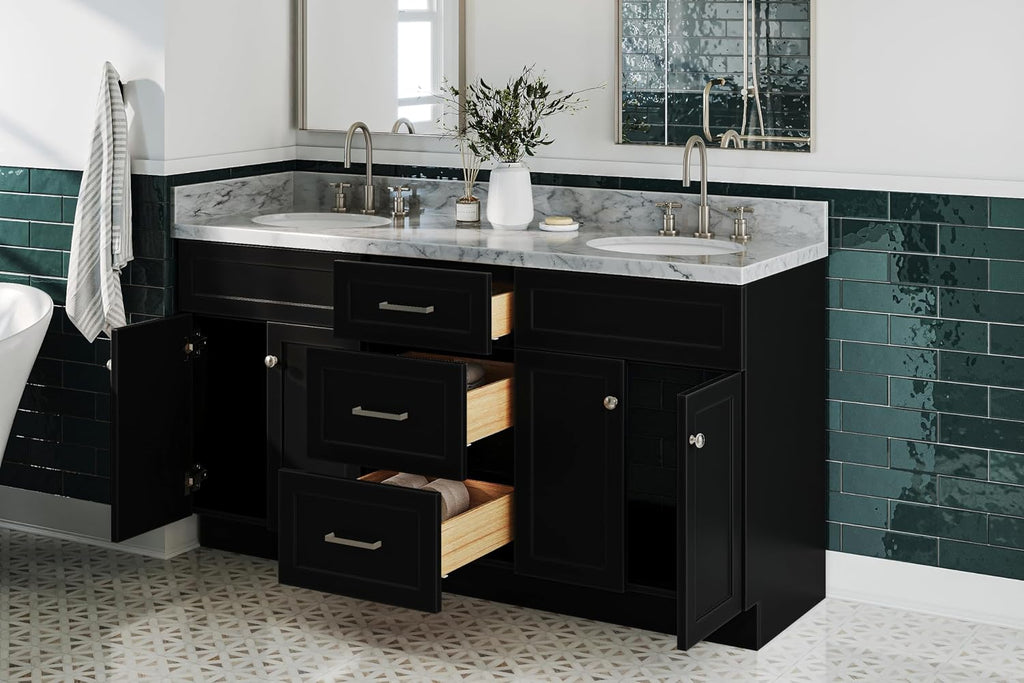 ARIEL Hamlet 66-inch Bathroom Vanity with Sink,Solid Wood, 1.5-inch Italian Carrara Marble Countertop & Backsplash, Double Oval Porcelain Sink, 4 Soft Closing Doors, 3 Dovetail Drawers, Black
