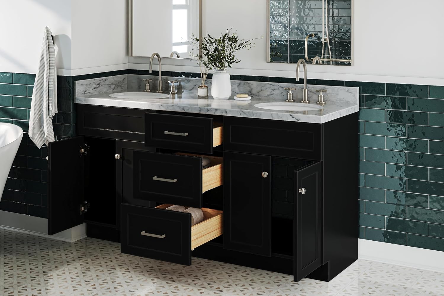 ARIEL Hamlet 66-inch Bathroom Vanity with Sink,Solid Wood, 1.5-inch Italian Carrara Marble Countertop & Backsplash, Double Oval Porcelain Sink, 4 Soft Closing Doors, 3 Dovetail Drawers, Black