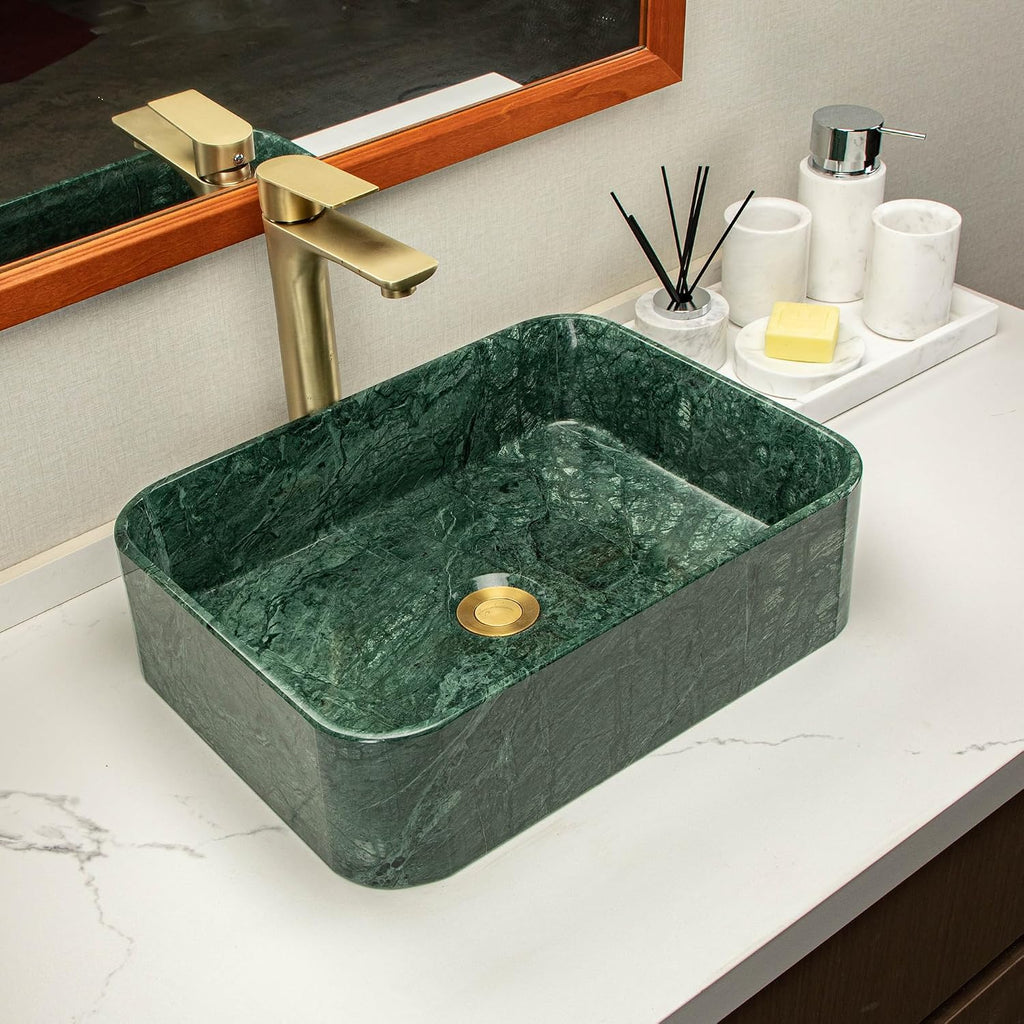 Green Square Stone Sink, Bathroom Vessel Sink, made of natural marble with irregular green veining, creates a luxurious and sophisticated bathroom vanity or countertop.
