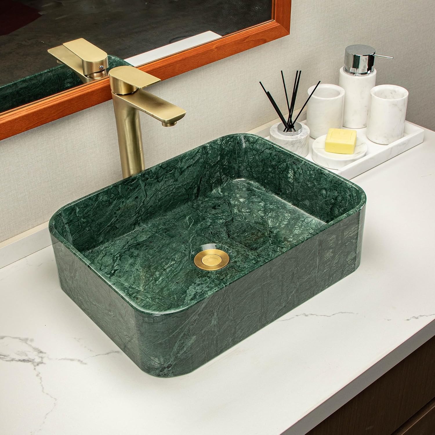 Green Square Stone Sink, Bathroom Vessel Sink, made of natural marble with irregular green veining, creates a luxurious and sophisticated bathroom vanity or countertop.