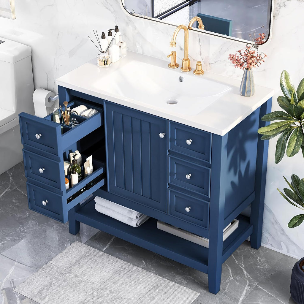 36' Vanity Bathroom Cabinet with Sink Top, Three Multi-Functional Drawers, Open Storage Space, Adjustable Shelf, Blue
