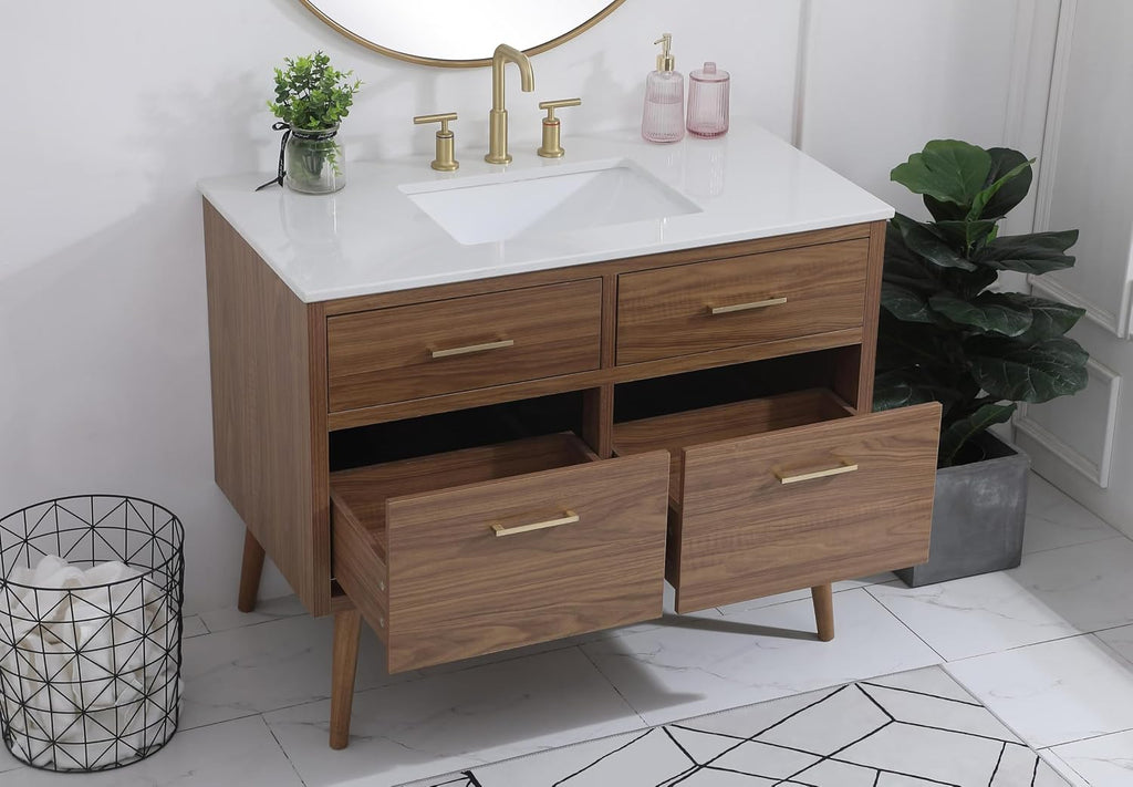 42' Pre-Assembled Bathroom Vanity with Sink, Engineered Wood, Ivory White Engineered Marble Countertop Attached, Single Rectangle Porcelain Sink, 2 Soft-Close Drawers, Walnut Brown