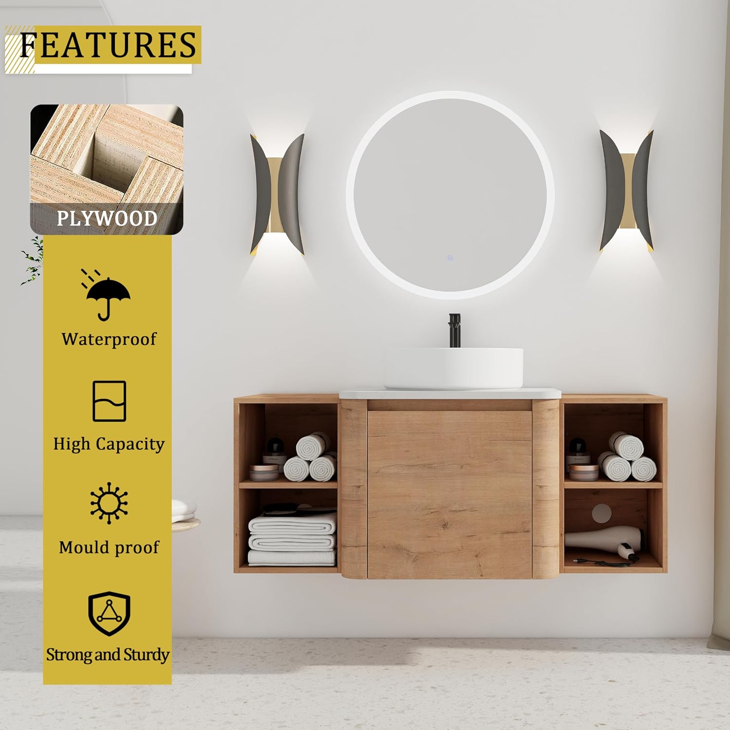 48 Inch Wall-Mounted Bathroom Vanity with Sink Combo Modern Floating Bathroom Vanitites with Round Ceramic Vessel Sink 48' Bathroom Sink Cabinet with Marble Counter Top & 2 Side Storage Shelves