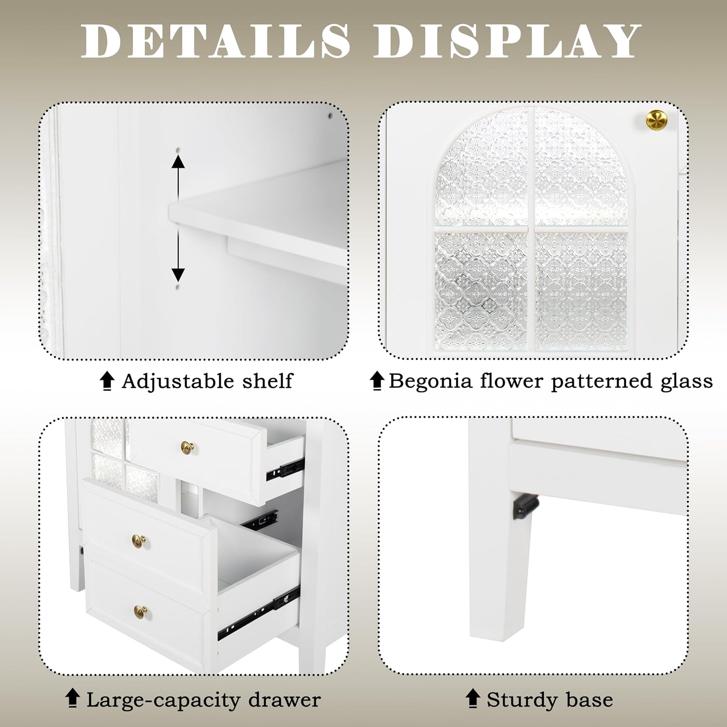 36 inch Bathroom Vanity with Sink, Mid Century Modern Freestanding Bathroom Cabinet with Ceramic Sink, 1 Flip Top Drawer, 2 Storage Drawers, Flower Patterned Glass Door, Adjustable Shelf, White