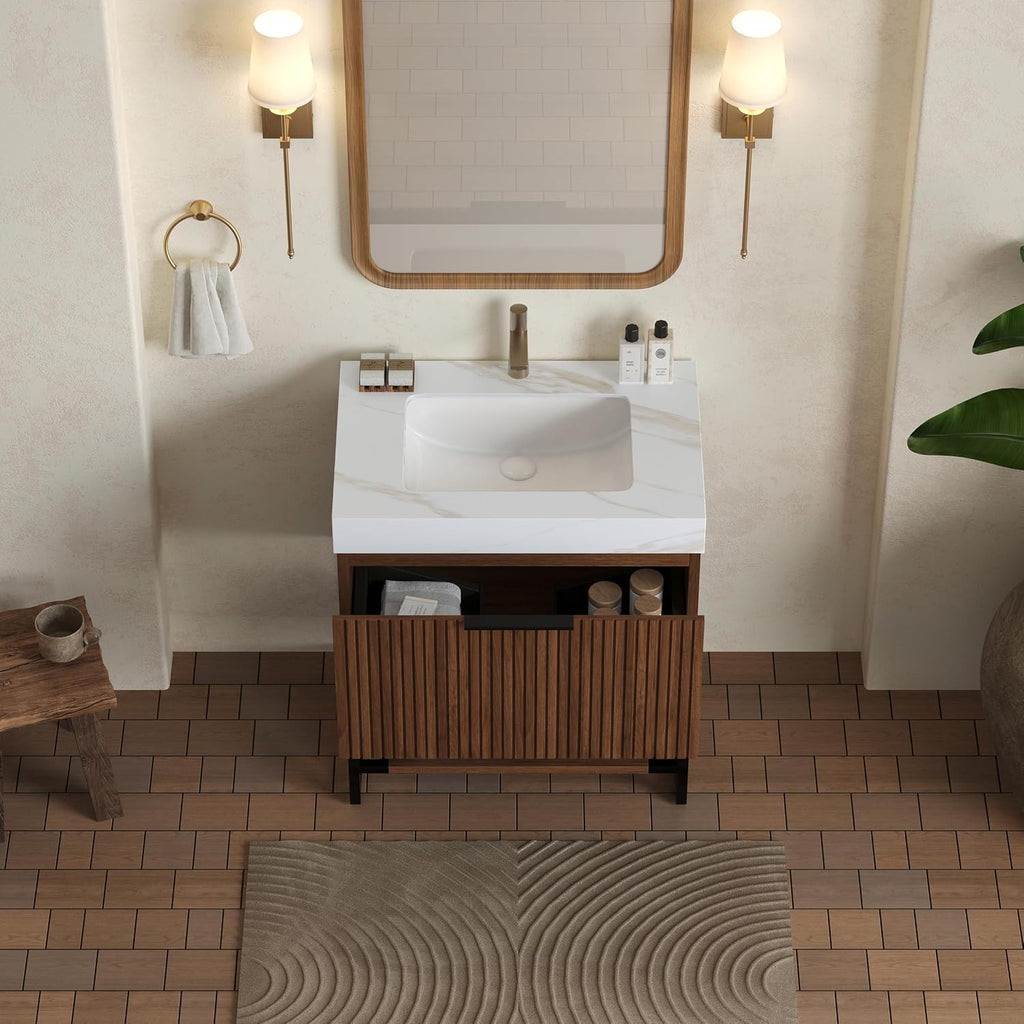 30'' Modern Bathroom Vanity with Sink, Freestanding Oak Plywood Cabinet with Rectangular Acrylic Integrated Basin, Bathroom Vanities Cabinet with Drawer and Open Shelf-Lund, Retro Walnut