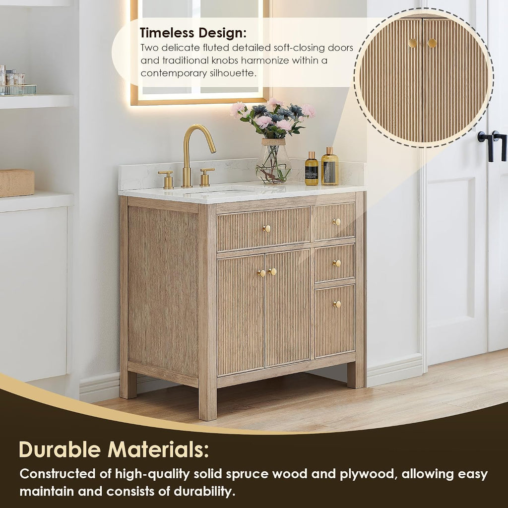 Cerrito 36' Wood Vanity in Nature Oak Engineered Stone Top no Mirror