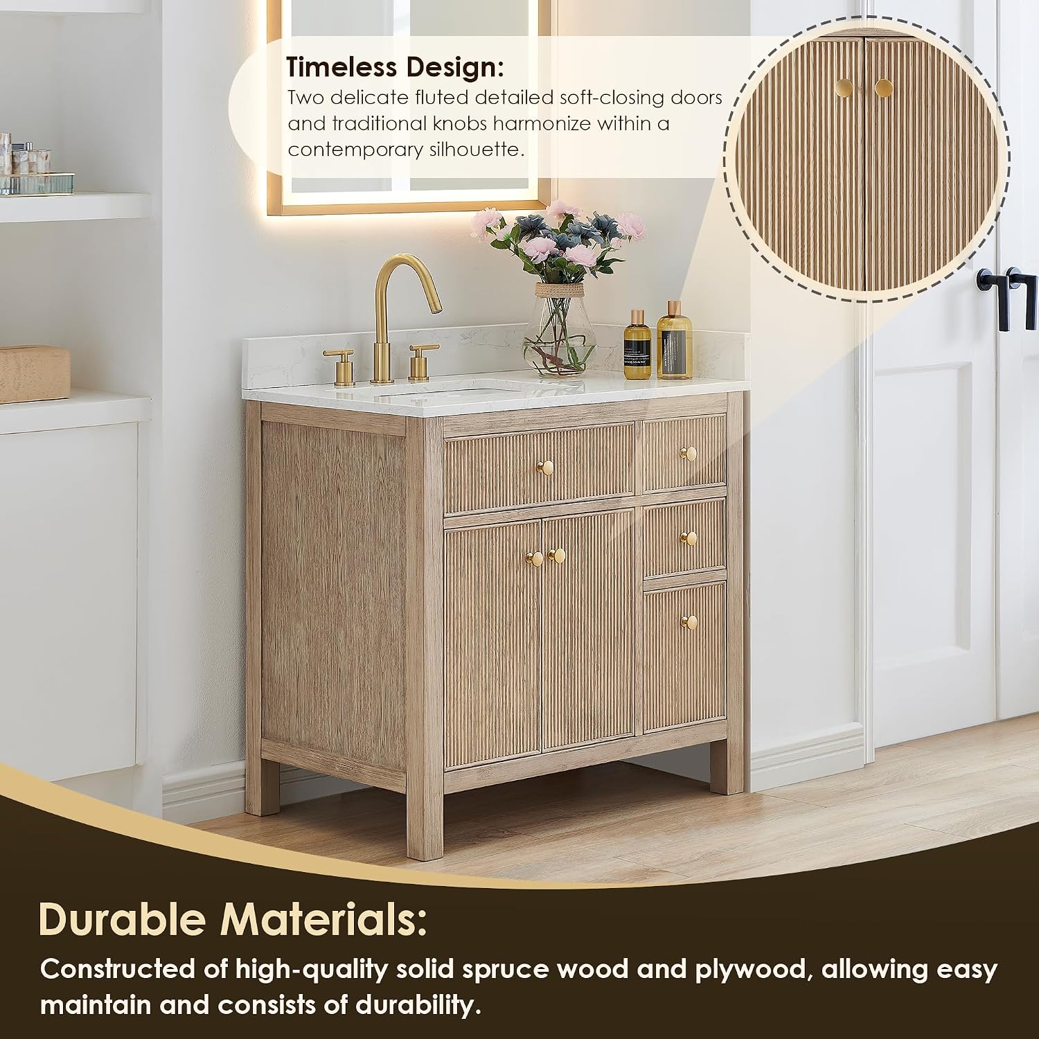Cerrito 36' Wood Vanity in Nature Oak Engineered Stone Top no Mirror