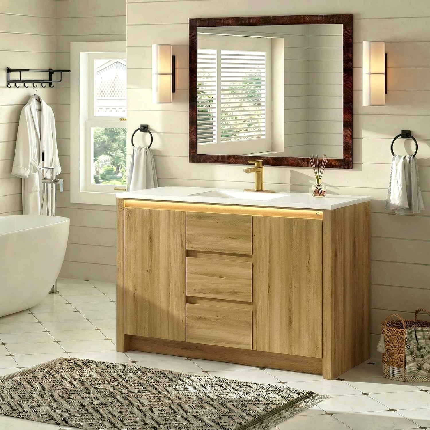 ONBRILL Modern Bathroom Vanity with Sink, Mid-Century Bath Vanities with Light & Integrated Resin Basin, 47.2' Large Single Sink Cabinet with Soft Closing Door & 3 Drawers for Master Bathroom, Hotel