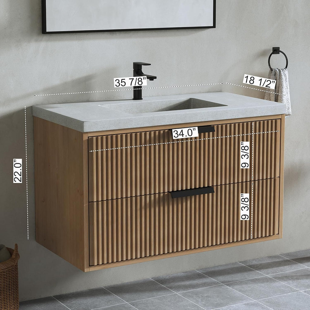 36' Single Bathroom Vanity with Cement Sink, Undermount Sink Cabinet, 2 Soft Clossing Drawers, Floating Storage Cabinet with White Sink, Natural Brown