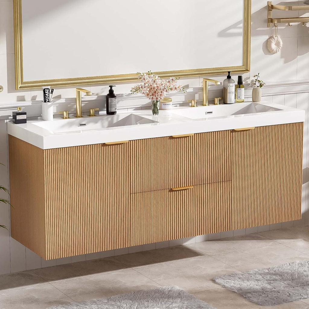 60' Bathroom Vanity with Sink Combo, Floating Double Sink Bathroom Vanity with SMC Resin Top, MDF Cabinet with 2 Soft-Close Doors 2 Drawers, Wall-Mounted Vanities for Large Bathrooms, Wood