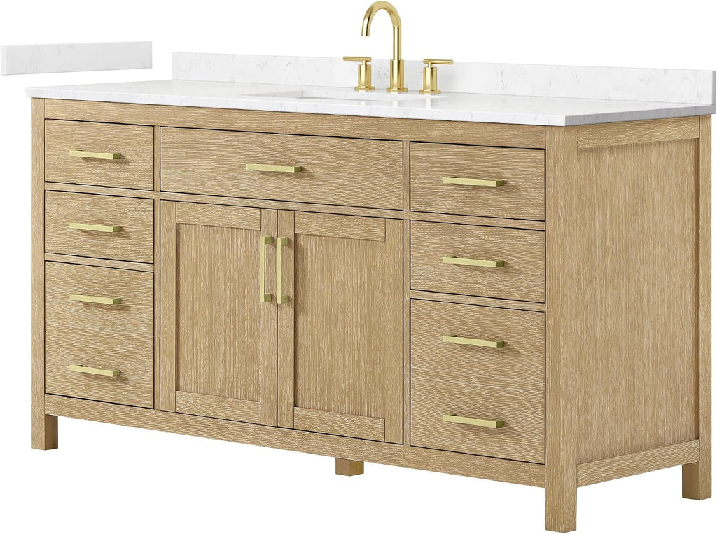 Wyndham Collection Beckett 66 Inch Single Bathroom Vanity in Whitewashed Oak, Carrara Cultured Marble Countertop, Undermount Square Sink (3-Hole), Brushed Gold Trim