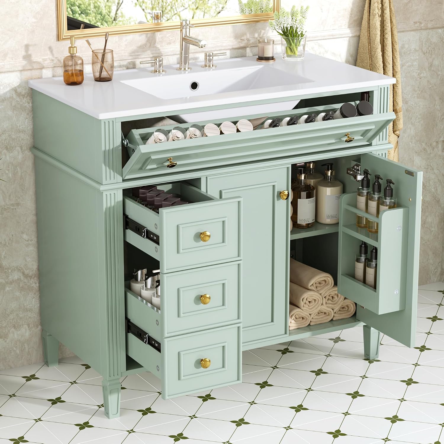 36' Bathroom Vanity Cabinet with Ceramic Countertop Sink Combo Set, Solid Wood Frame, Tilt-Out Drawers and Left Side Drawers, Soft Closing Door Hinges, Green