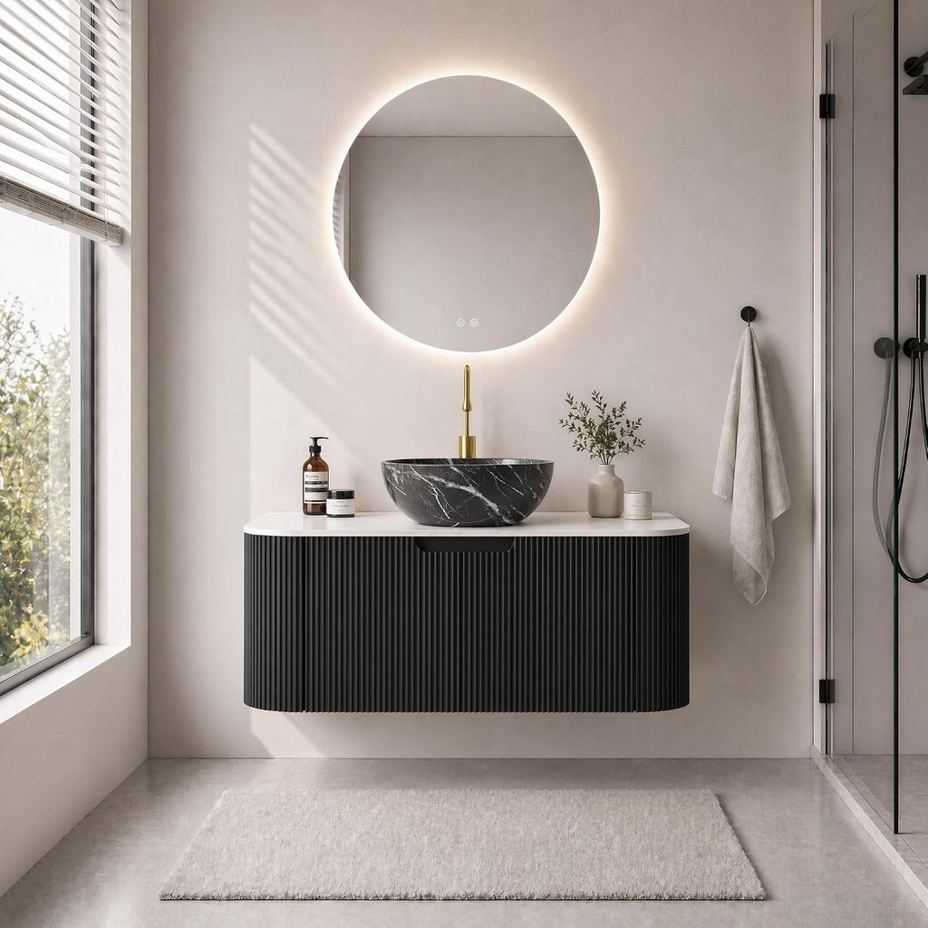 Yayzy 36' Floating Bathroom Vanity with Sink, Solid Wood Fluted Cabinet, White Marble-Patterned Ceramic Basin & Faux Marble Top, Soft-Close Drawer, Pre-Assembled, Gloss Black