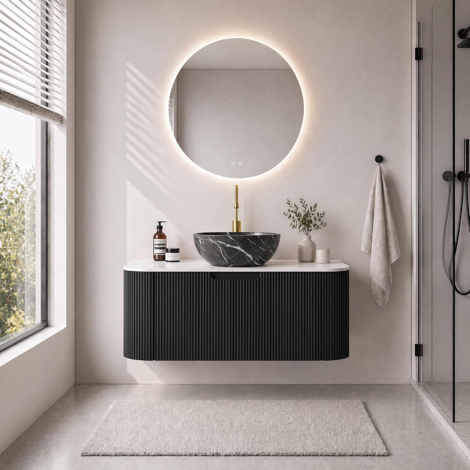Yayzy 36' Floating Bathroom Vanity with Sink, Solid Wood Fluted Cabinet, White Marble-Patterned Ceramic Basin & Faux Marble Top, Soft-Close Drawer, Pre-Assembled, Gloss Black