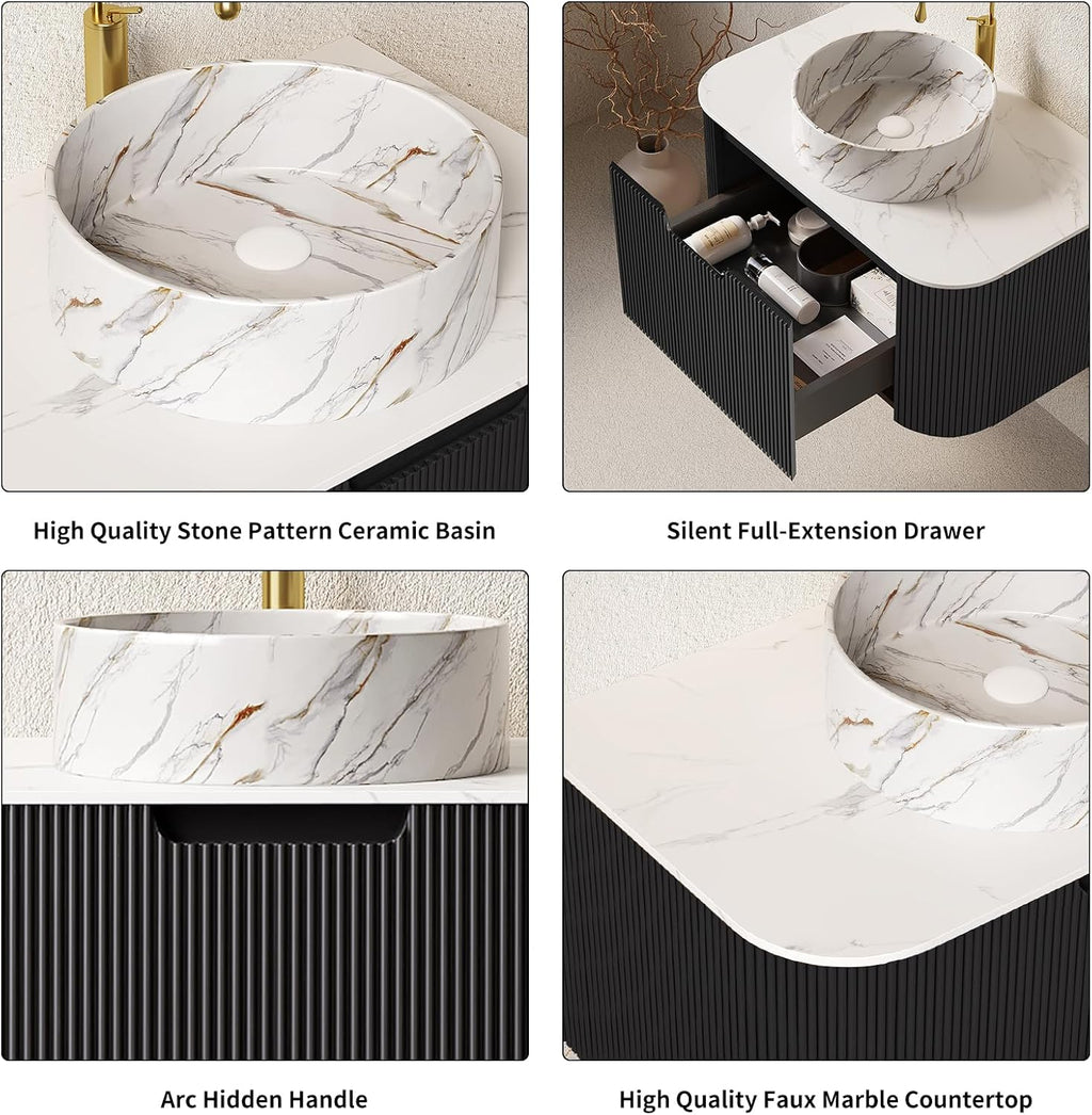 Yayzy 24' Floating Bathroom Vanity with Sink, Solid Wood Fluted Cabinet, White Marble-Patterned Ceramic Basin & Faux Marble Top, Soft-Close Drawer, Pre-Assembled, Gloss Black