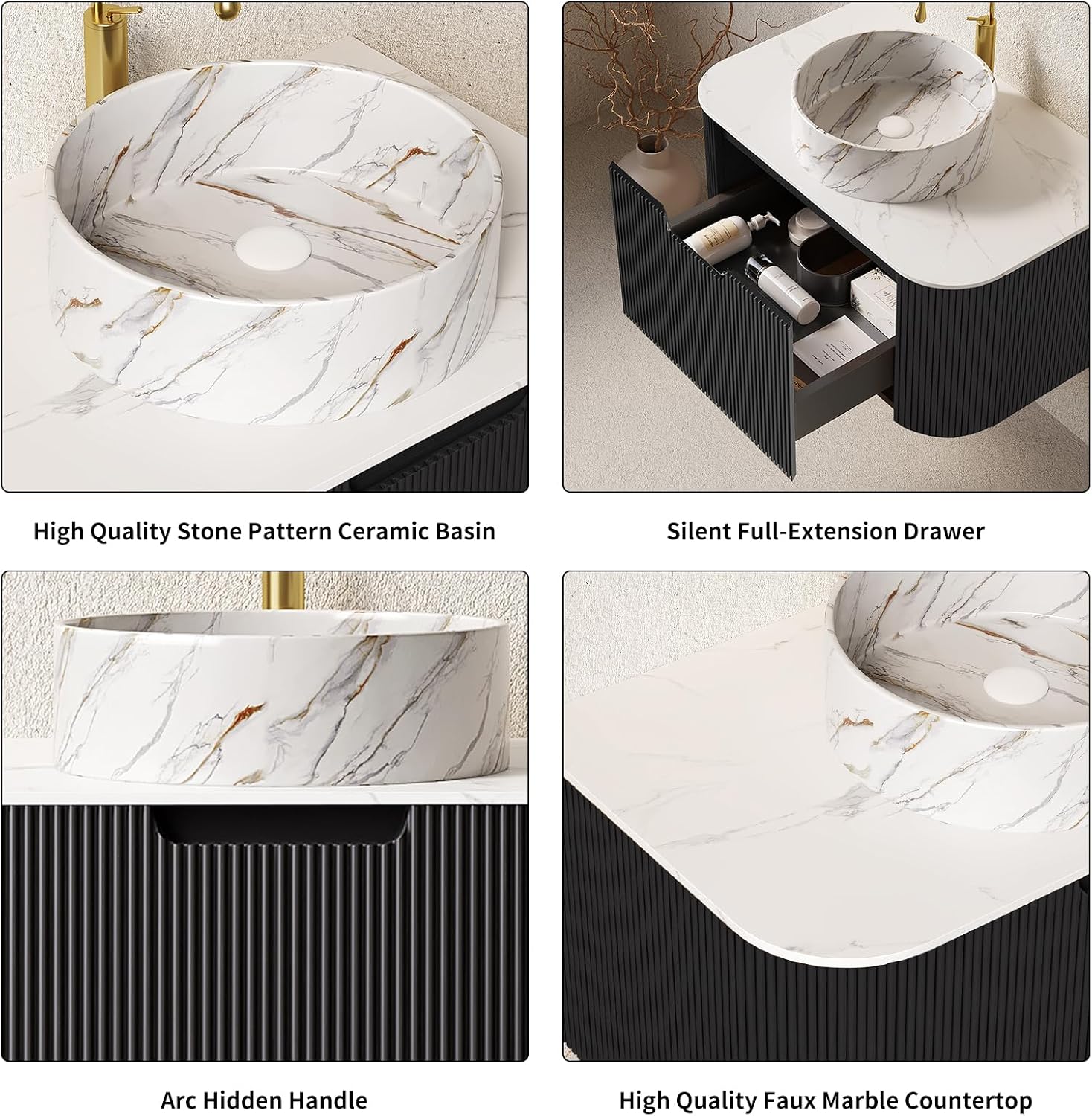 Yayzy 24' Floating Bathroom Vanity with Sink, Solid Wood Fluted Cabinet, White Marble-Patterned Ceramic Basin & Faux Marble Top, Soft-Close Drawer, Pre-Assembled, Gloss Black