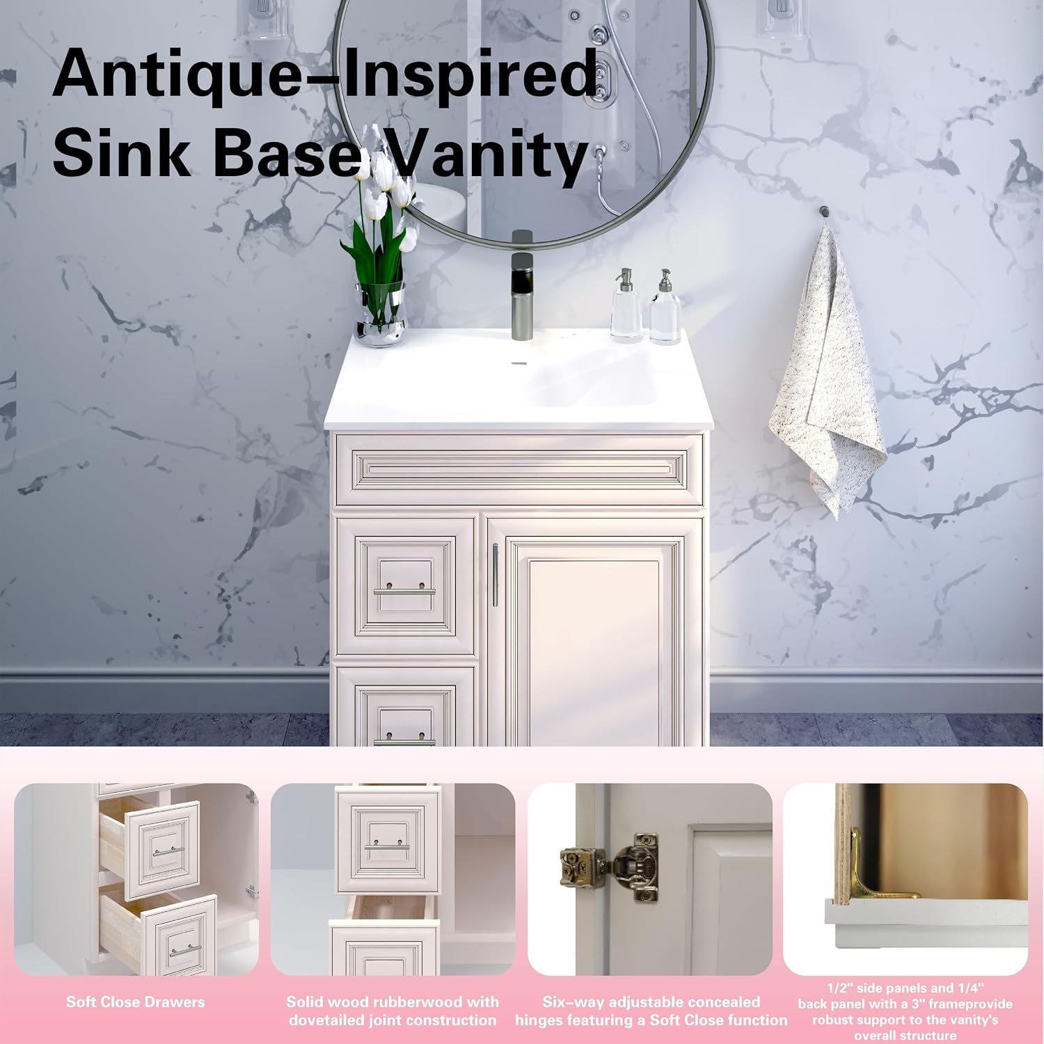 30' Shaker Bathroom Vanity Sink Base with Drawers (Ready-to-Assemble) (Antique White Vanity Base)