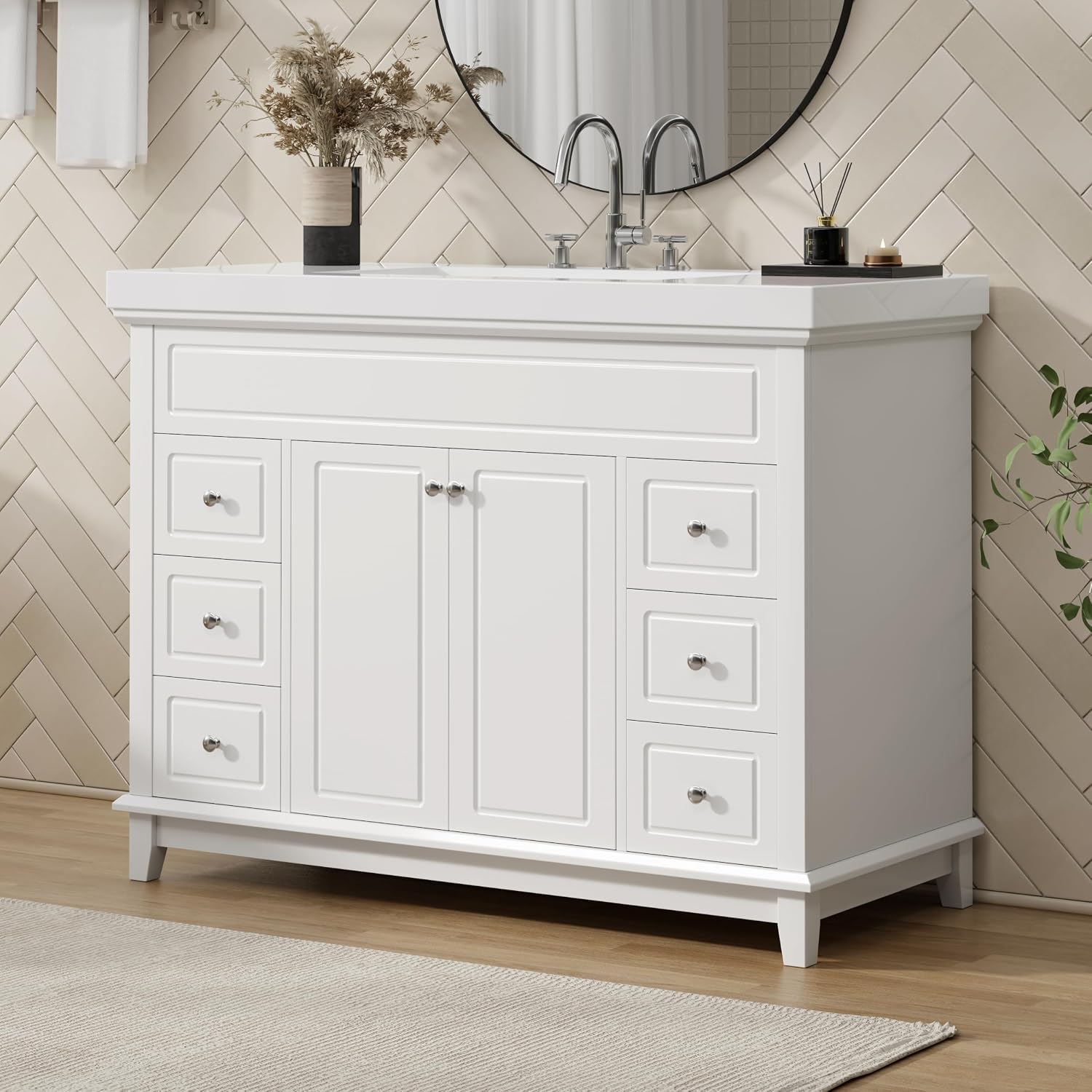 48' Bathroom Vanities Cabinet with Sink Top, Soft-Closing 6 Drawers and 2 Doors, Solid Wood Frame, White