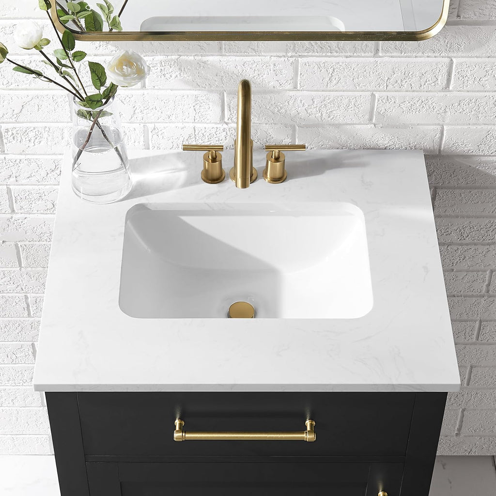Clara Black 24-Inch Single Bathroom Vanity with Sink, Wood Single Shaker Door Cabinet with Adjustable Shelf, Nickel and Gold Handles, Pre-Drilled Marbled White Stone Top, Freestanding, Fully Assembled