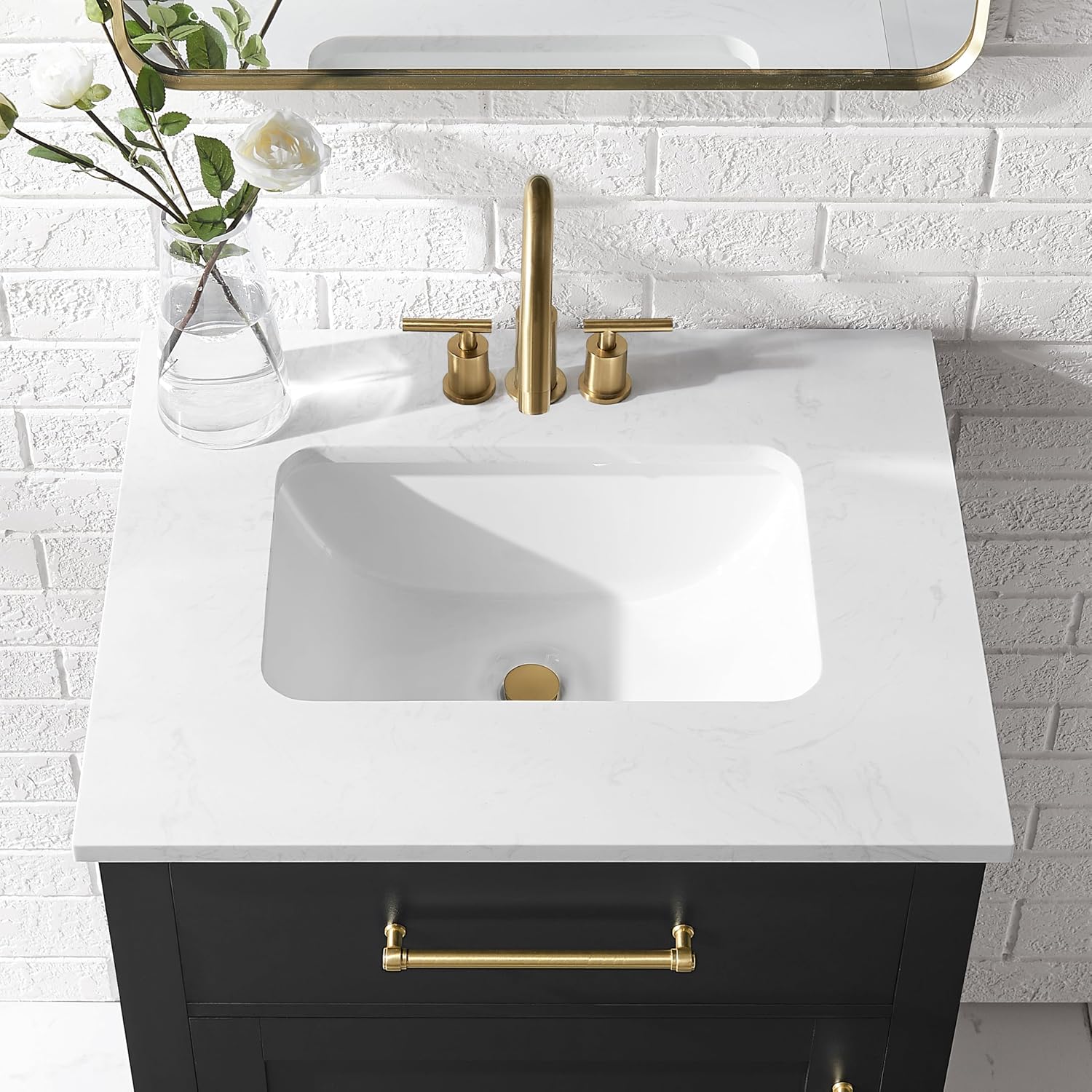 Clara Black 24-Inch Single Bathroom Vanity with Sink, Wood Single Shaker Door Cabinet with Adjustable Shelf, Nickel and Gold Handles, Pre-Drilled Marbled White Stone Top, Freestanding, Fully Assembled
