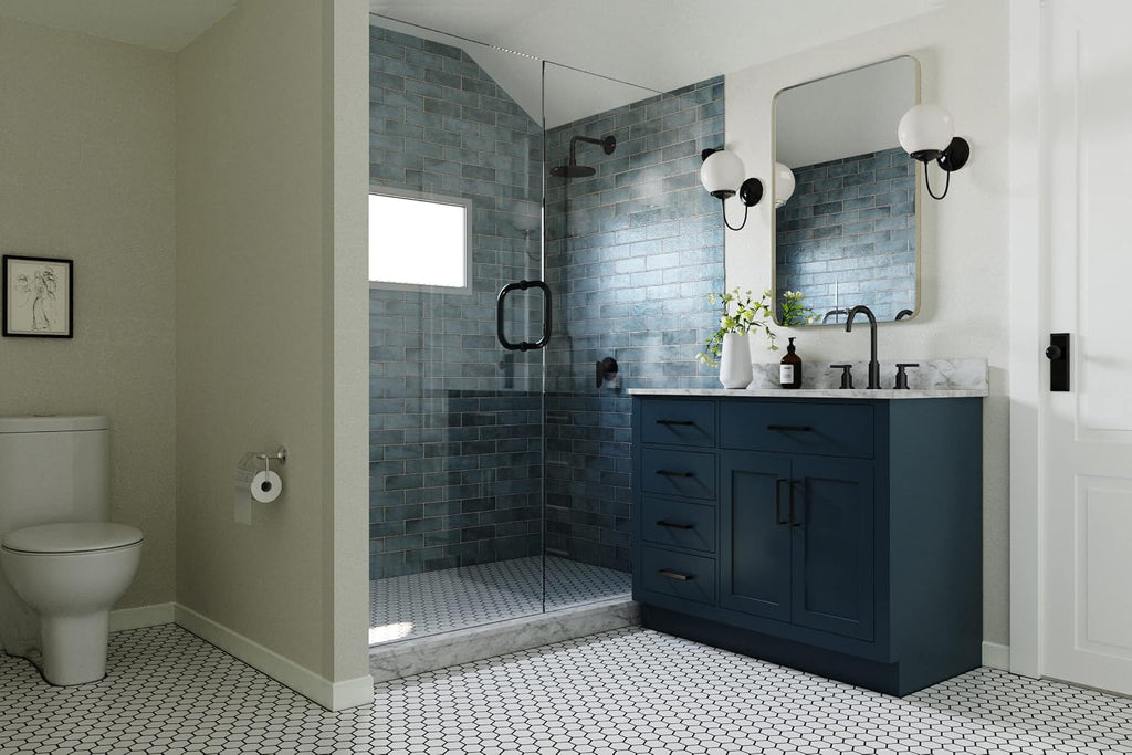 ARIEL Hepburn 43' Inch Right Offset Oval Sink Vanity with 0.75 Inch Edge Carrara White Countertop in Midnight Blue