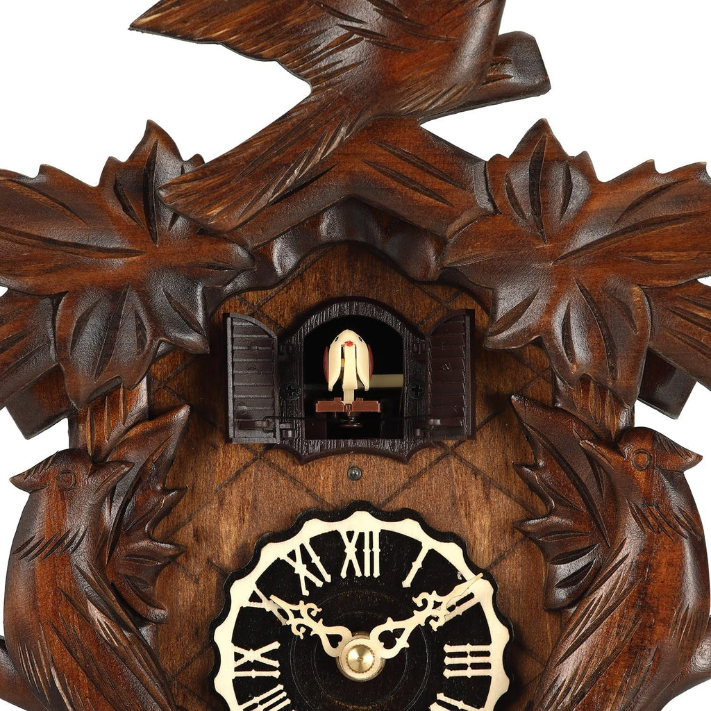 Kintrot Cuckoo Clock, Traditional Black Forest Handcrafted Wooden Quartz Clock for Wall Antique Decroration with Maple Leaf Pendulum, 12 Melodies, Night Sensor and Singing Bird