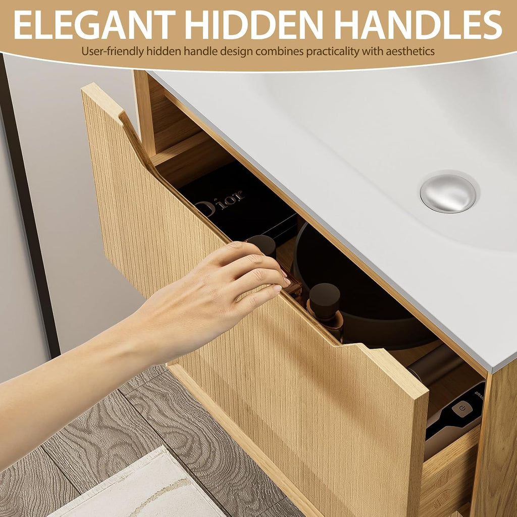 Eleshine 32' Wall Mounted Floating Bathroom Vanity with Sink, 2 Soft-Close Drawers, White Stone Top, Natural Oak Grid Texture, Multi-Layer Solid Wood, Pre-Assembled