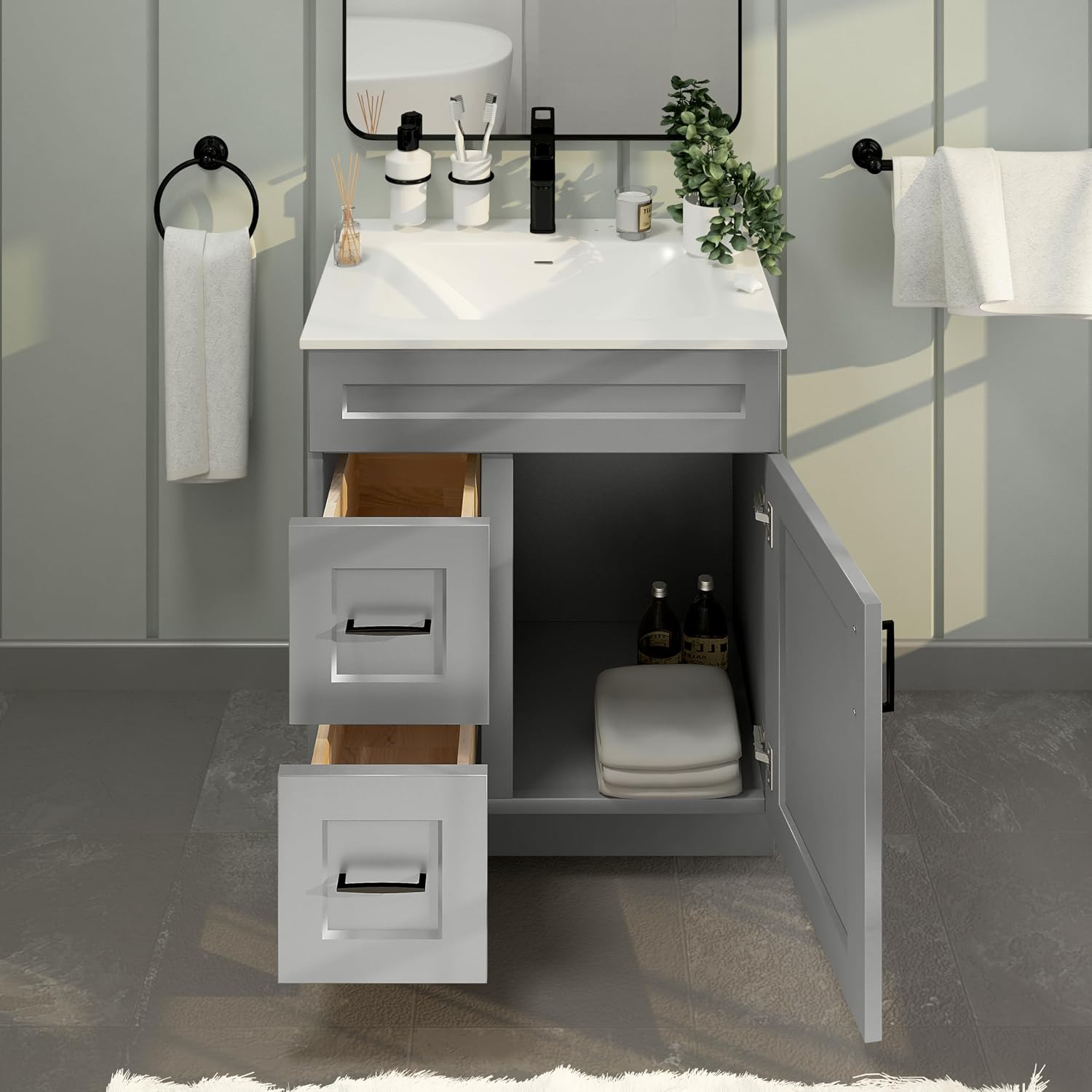 30' Shaker Bathroom Vanity Sink Base with Drawers (Ready-to-Assemble) (Light Grey Shaker Vanity Base)