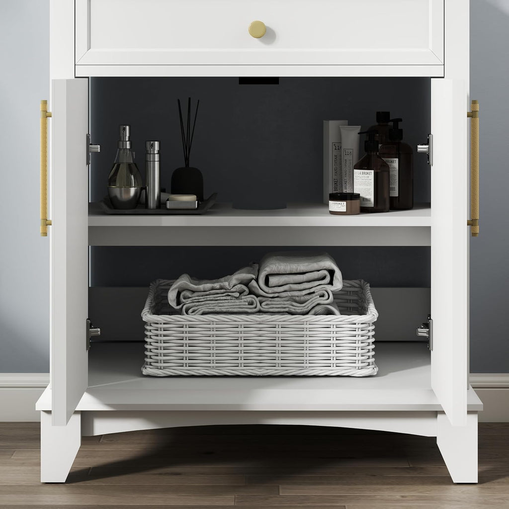 28 inch Bathroom Vanity with Sink Combo, Mid Century Modern Freestanding Bathroom Cabinet with Integrated Ceramic Sink, 2 Soft Closed Doors, Adjustable Shelves, Golden Handle, White