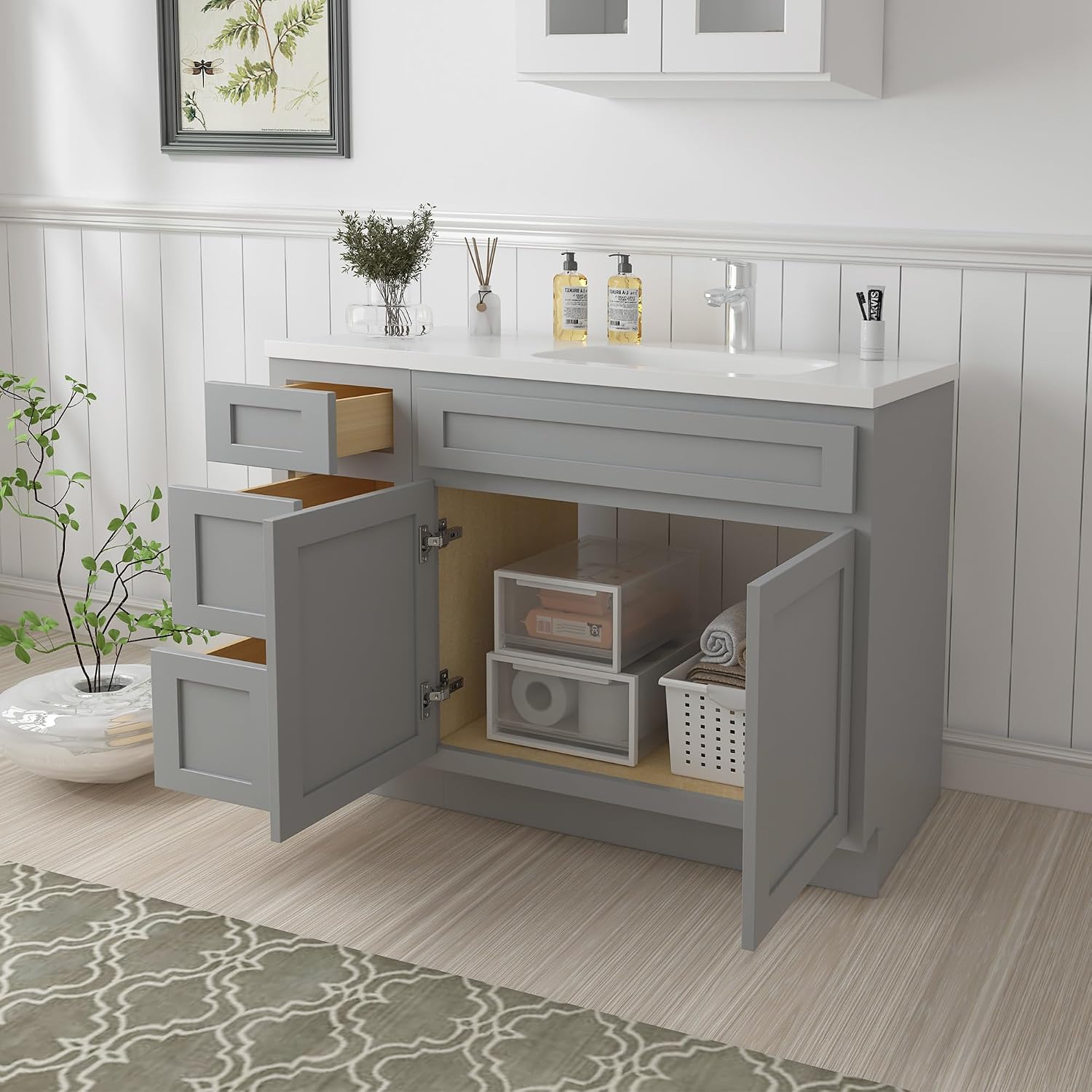 Vanity Art 45' Unassembled Bathroom Vanity with 2-Door 3-Drawer, Wood Bathroom Vanity Cabinet with Soft Closing Shaker Drawer, Sturdy Floor Mounted Cabinet Without Top VA4045-3S-G