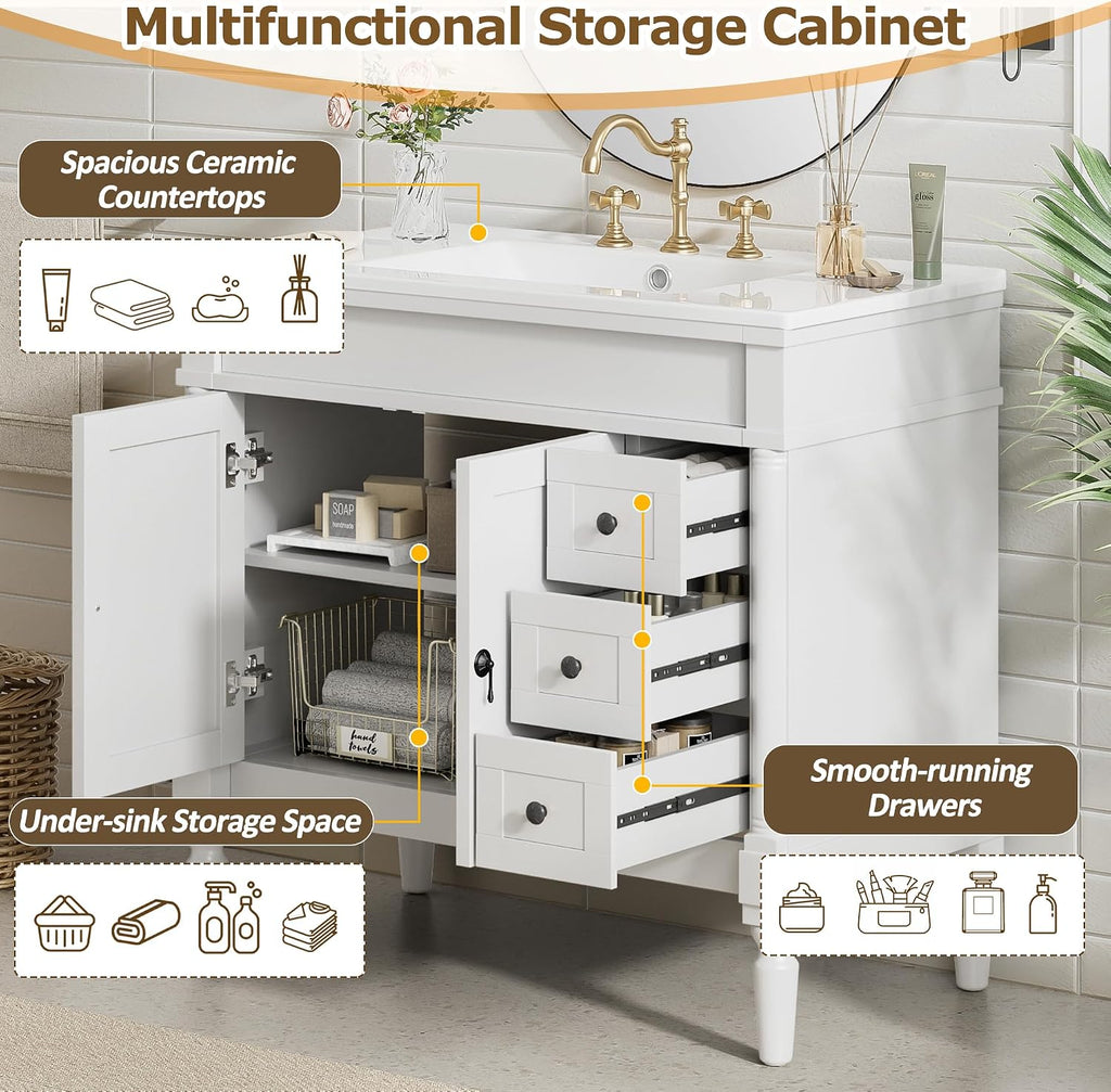 Favfurish 36' Bathroom Vanity with Ceramic Sink,Freestanding Bath Cabinet w/Soft Closing Doors,Adjustable Shelves,Modern Storage Vanity Cabinet for Smaill and Medium Bathrooms,White