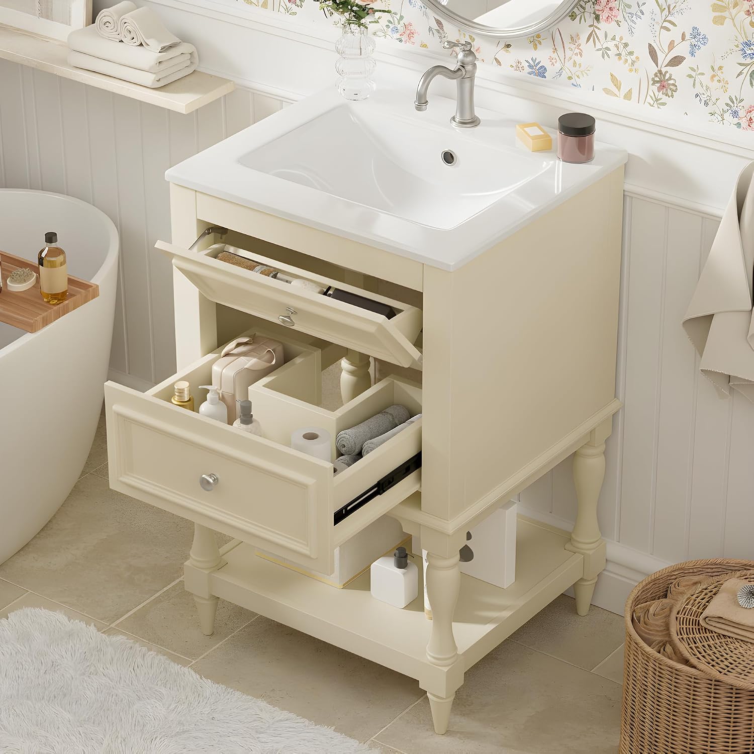 Merax Country 20' Bathroom Vanity with Sink, Farmhouse Bathroom Vanity Storage Cabinet with 2 Drawers and Open Shelf, Solid Wood Frame Bath Storage Vanity