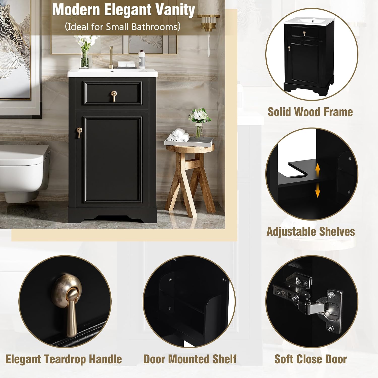 20-inch Bathroom Vanity with Sink, Free Standing Vanity Cabinet with One Door, Storage Rack, and Adjustable Shel, Solid Wood Vanity Set with Ceramic Sink for Bathroom (Black)
