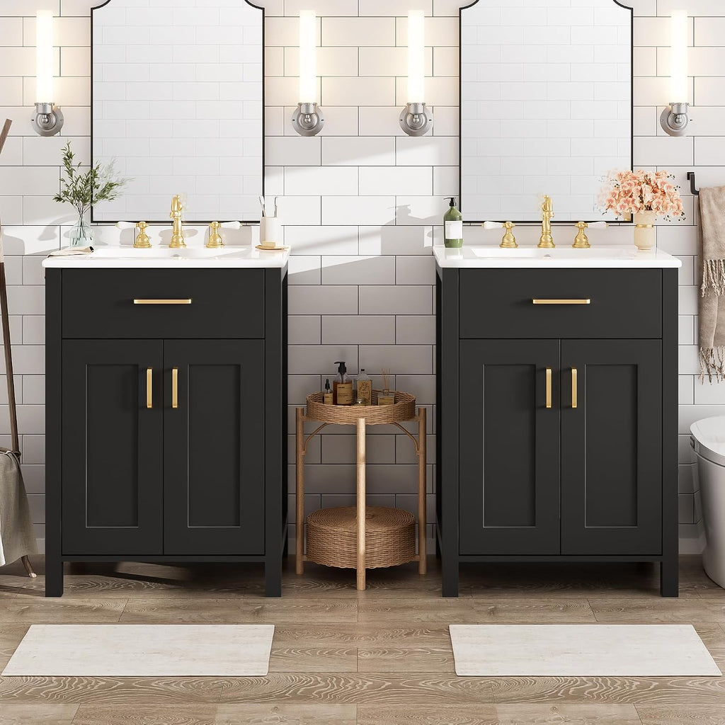 Harper & Bright Designs 48' Bathroom Vanity Set with Double Sink, Free Standing Single Basin Vanity Set with 2 Soft-Close Doors and Drawer, Wood Storage Cabinet with Ceramic Basin for Bathroom, Black