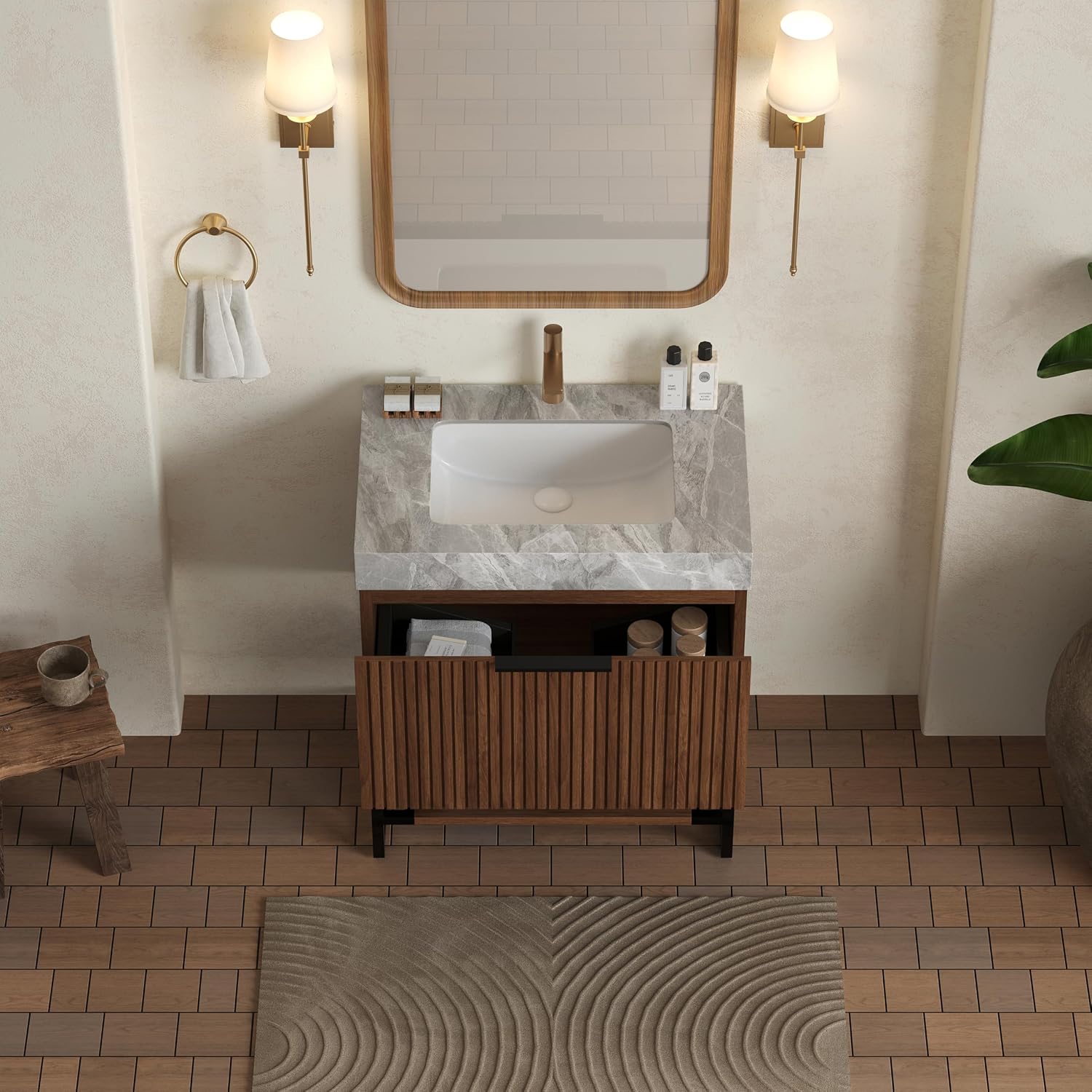 30'' Modern Bathroom Vanity with Sink, Freestanding Plywood Cabinet with Light Gray Sintered Stone Top & Undermount Ceramic Basin, Bathroom Vanities Cabinet W/Drawer and Open Shelf-Lund, Dark Walnut/S
