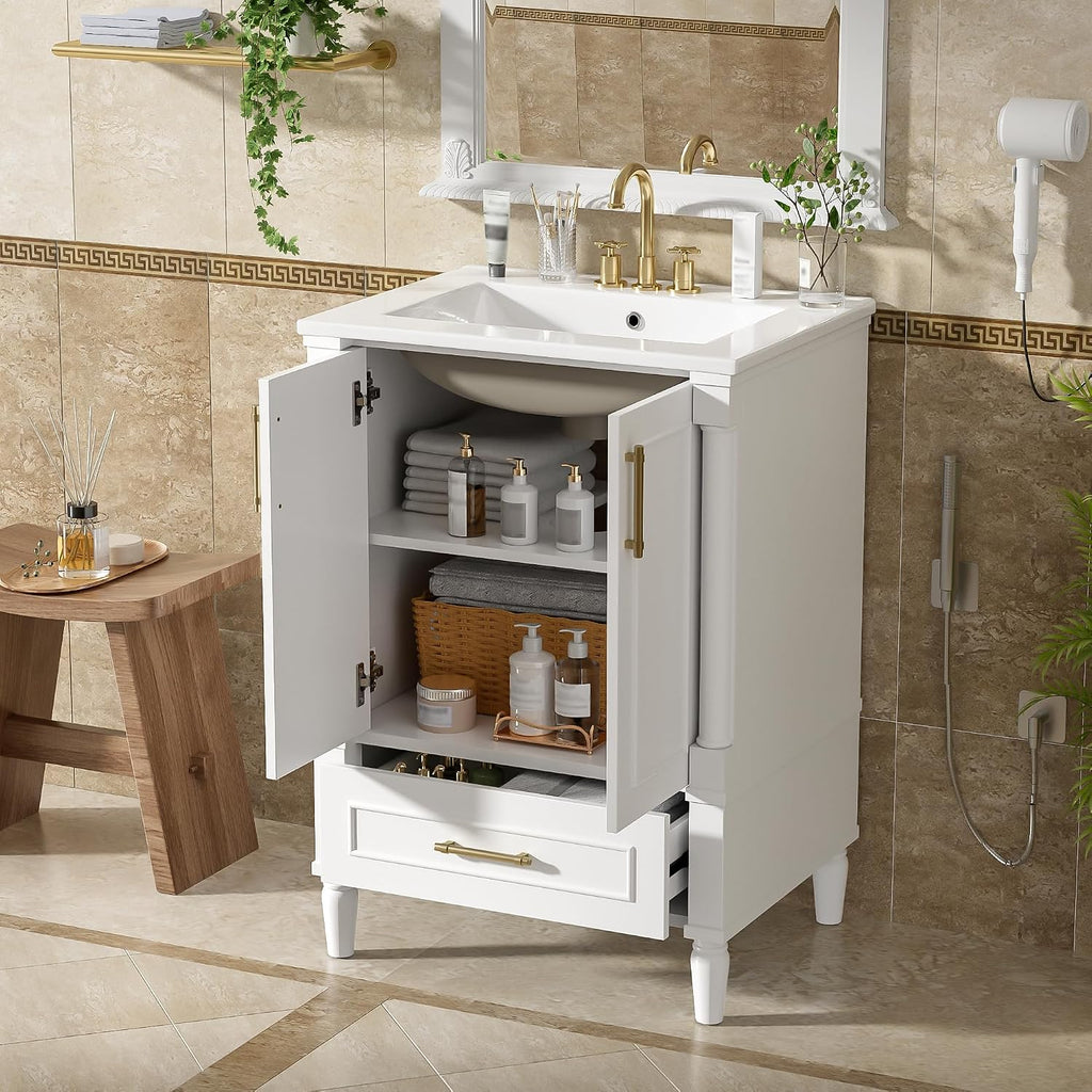 VilroCaz 24' Modern Bathroom Vanity with Ceramic Sink, Ornate Motif Design Doors & Soft-Close Hinges, Wood Bathroom Cabinet with Drawer, Ornately Carved French Cylinder Legs (White-4.23)