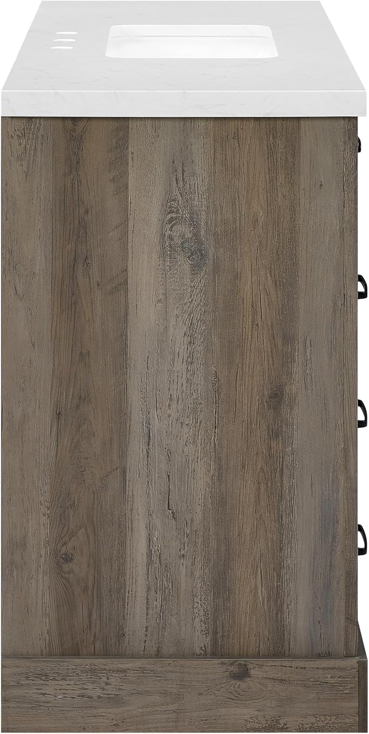 Mia Brown Grey Oak Wood 48-Inch Single Bathroom Vanity with Sink, Shaker Door Cabinet with Shelf, Drawers, Matte Black Handles, Pre-Drilled Marbled White Stone Top, Freestanding, Fully Assembled