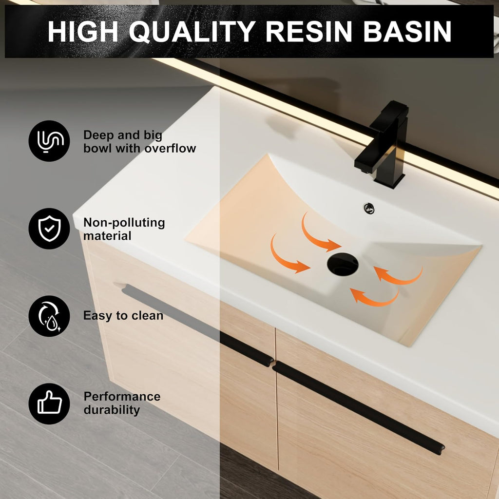 36 Inch Floating Bathroom Vanity with Sink, 36'' Wall Mount Vanity with Resin Countertop, Soft Close Doors, Double Door Storage Cabinet for Small Bathroom, Apartment, Powder Room
