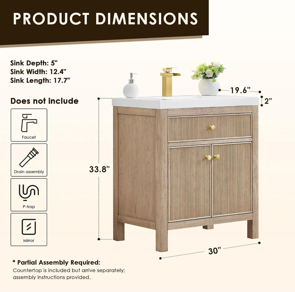 ALTAIR 30 Inch Vanity Bathroom Small Sink Vanities Single Bath Large Storge Cabinet with Ceramic Sinks Countertop Soft Closing Doors and Dovetail Drawers Modern Pre-Assembled