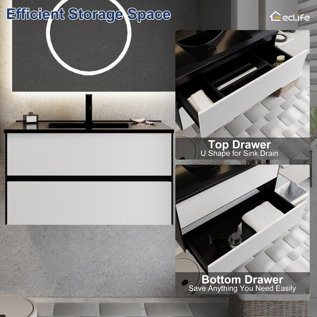 eclife 36' Bathroom Vanity Cabinet with Undermount Black Sink Combo, Wall Mounted Floating Bathroom Cabinet with Colors Mixed Style, 2 Big Drawers & Matte Black Faucet