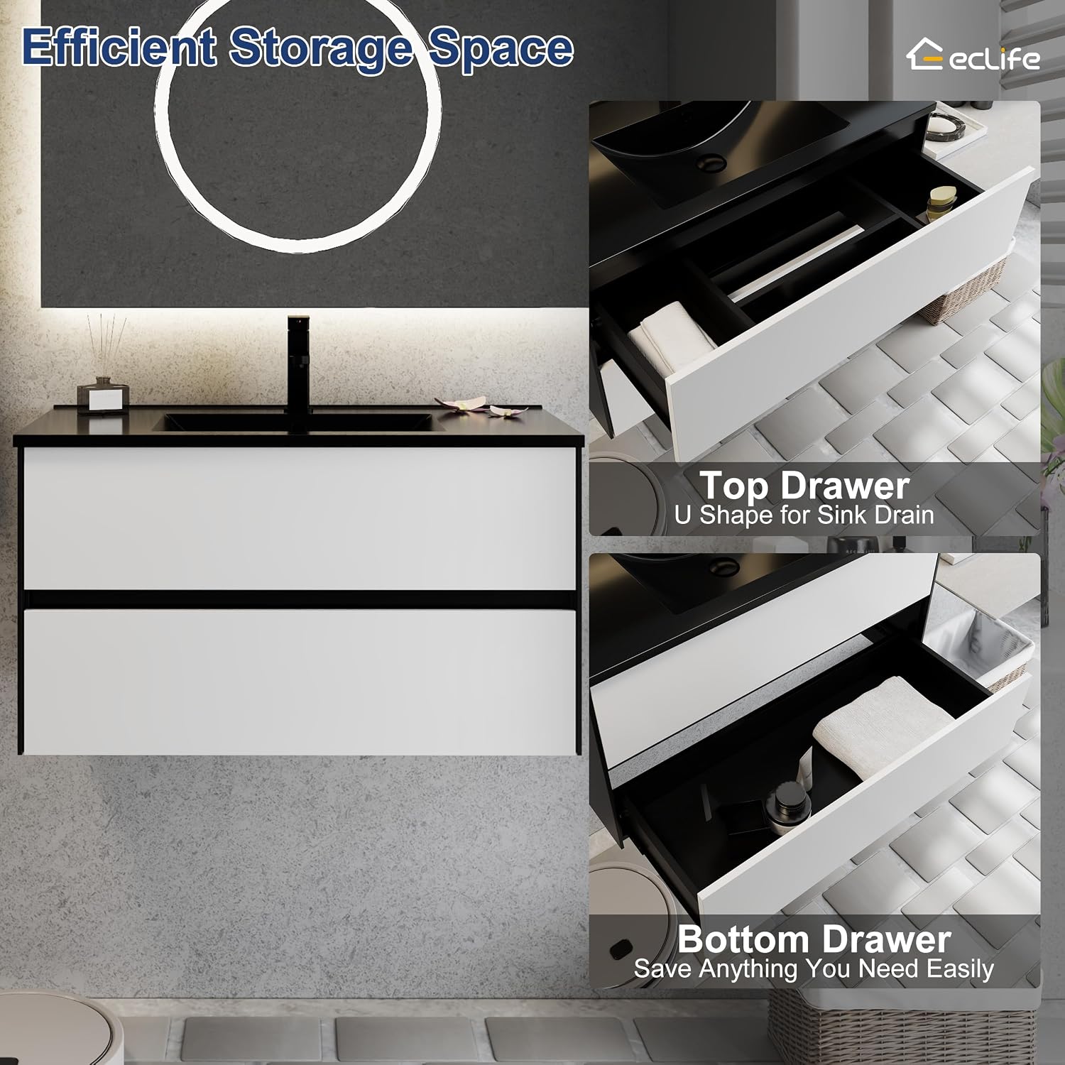 eclife 36' Bathroom Vanity Cabinet with Undermount Black Sink Combo, Wall Mounted Floating Bathroom Cabinet with Colors Mixed Style, 2 Big Drawers & Matte Black Faucet