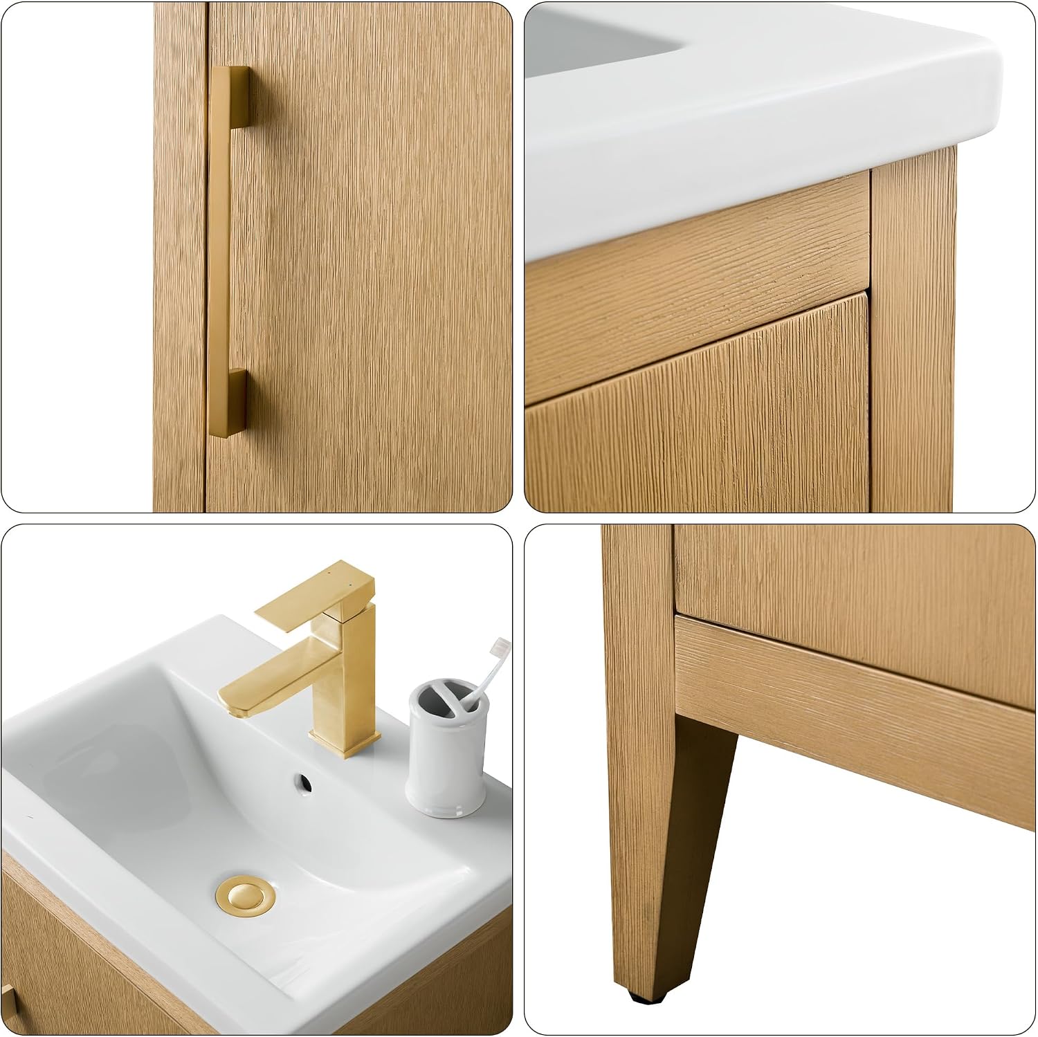 HOMEBEYOND 20 Inch Bathroom Vanities with Sink & Ceramic Top, Single Vanity Cabinet with Basin, Solid Wood Frame, Soft-Closing Doors & Golden Brushed Hardware, Natural Oak