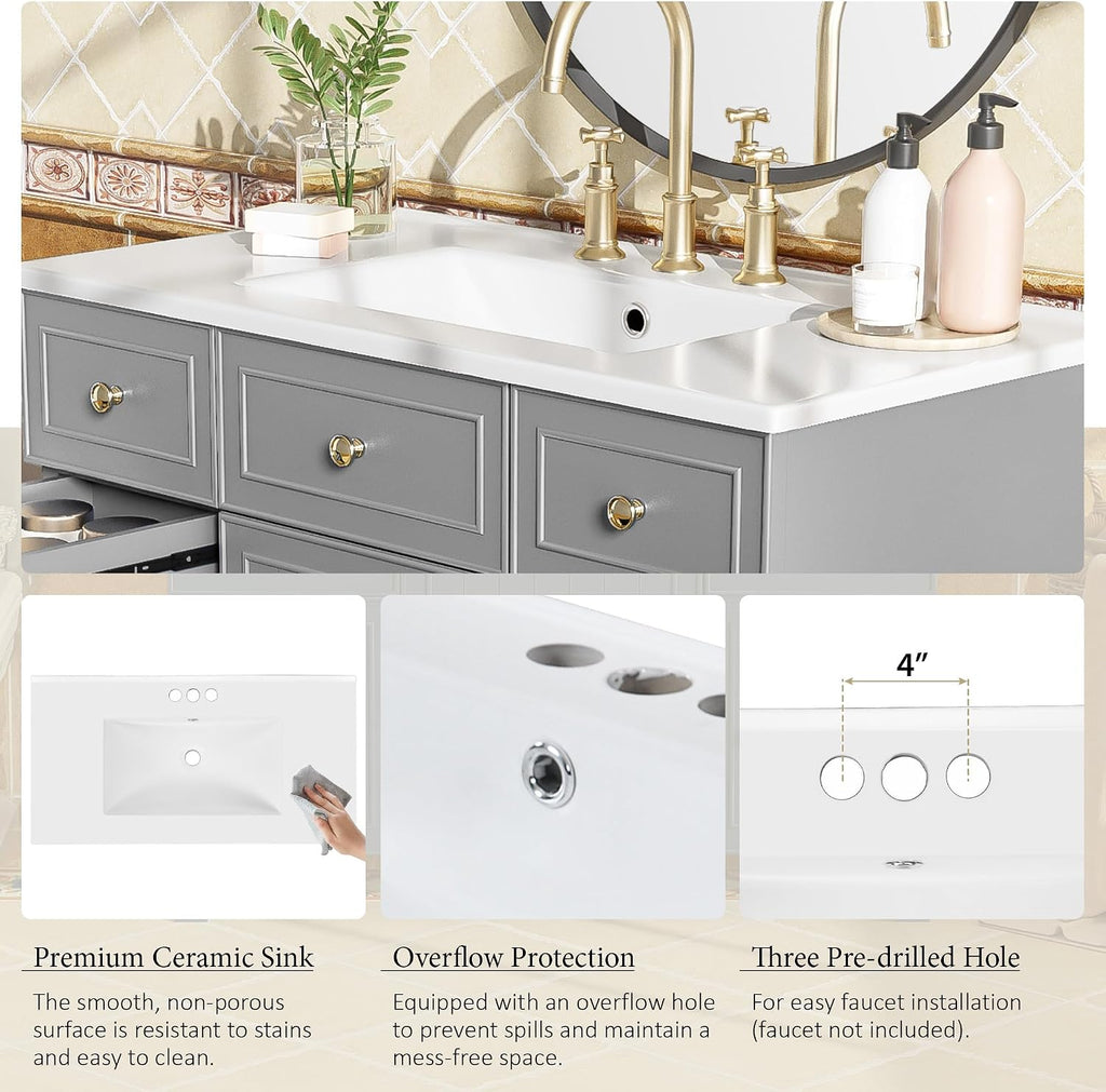 36' Bathroom Vanity Cabinet with Sink Top Combo Set, Grey, Single Sink, Shaker Cabinet with Soft Closing Door and Drawer, Grey