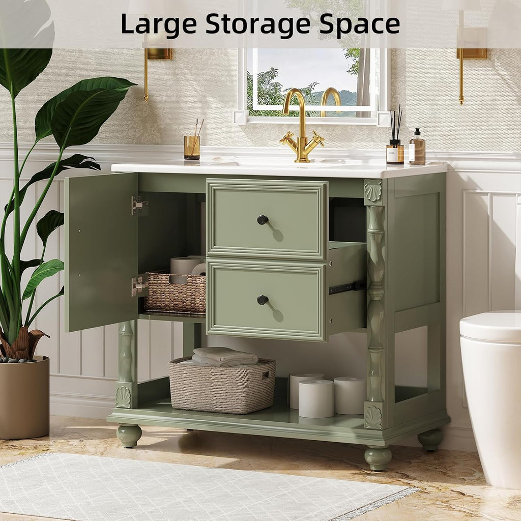 ONBRILL 36' Bathroom Vanity with Sink Combo, Modern Bathroom Vanities with Open Storage Shelf, 4 Solid Legs, Drawer, Door, Ceramic Integrated Sink, Freestanding Bath Storage Cabinet (Green)