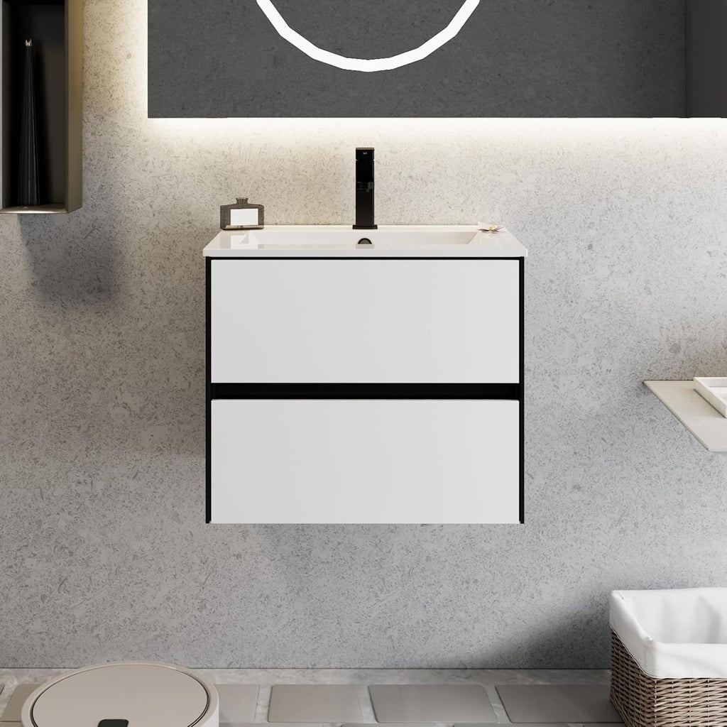 eclife 24' Bathroom Vanity Cabinet with Undermount White Sink Combo, Wall Mounted Floating Bathroom Cabinet with Colors Mixed Style, 2 Big Drawers & Matte Black Faucet