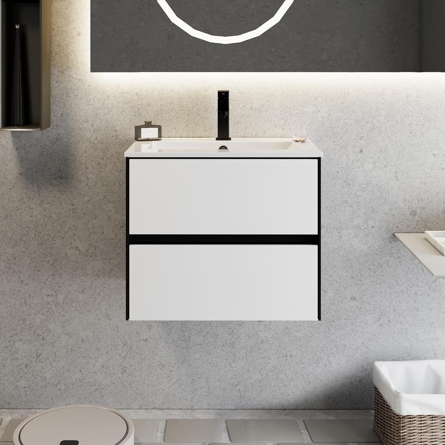 eclife 24' Bathroom Vanity Cabinet with Undermount White Sink Combo, Wall Mounted Floating Bathroom Cabinet with Colors Mixed Style, 2 Big Drawers & Matte Black Faucet