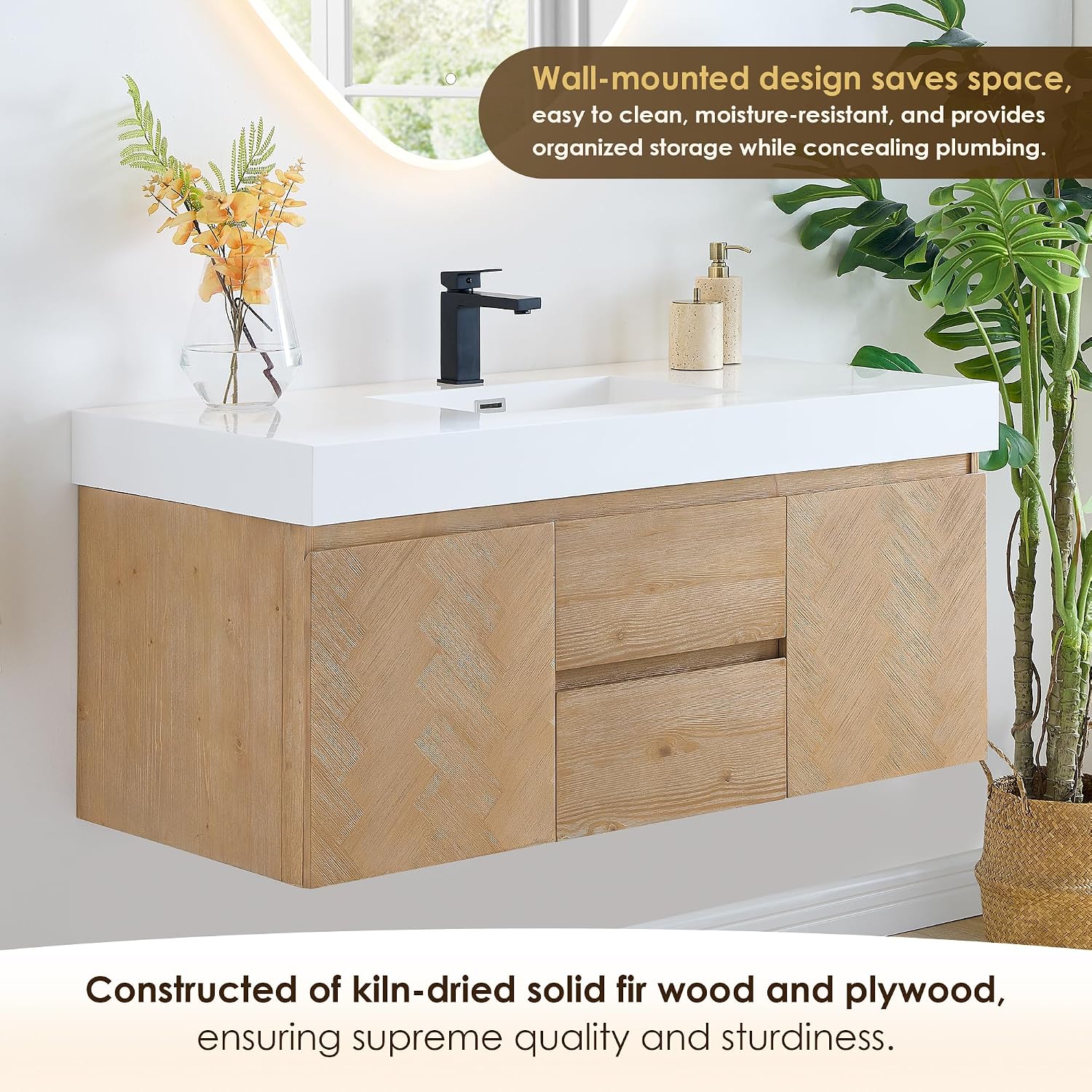 48 Inch Floating Sink Bathroom Vanity Wall Mount Single Vanities Overflow Mordern Large Storge Cabinet with Ceramic Countertop Double Soft Closing Drawers Pre-Assembled