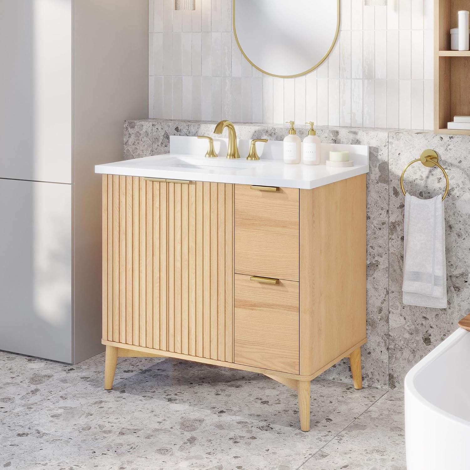 OVE Decors Indy 36 in. Undermount Single Sink Bathroom Vanity with White Engineered Marble Top, Rustic Ash