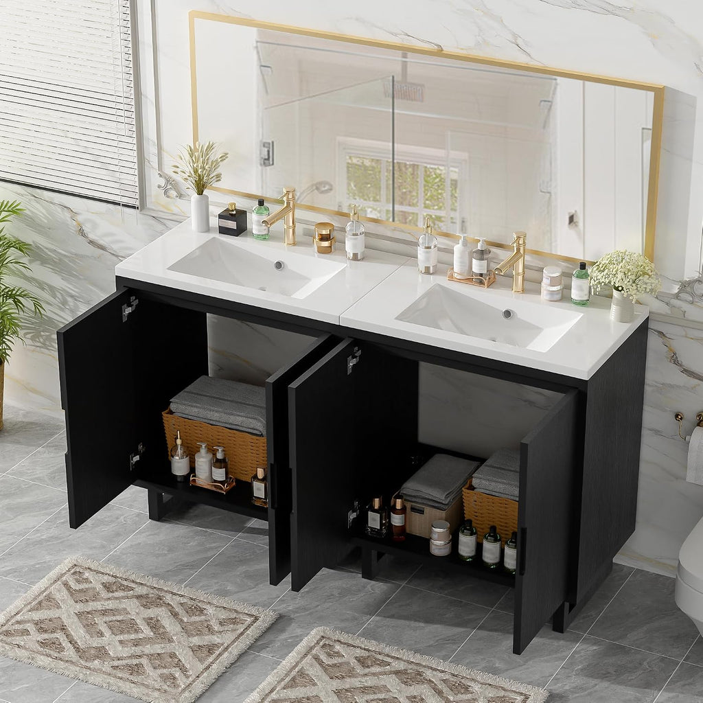 Harper & Bright Designs 60' Bathroom Vanity Set with Double Sink, Free Standing Single Basin Vanity Set with 2 Soft-Close Doors, Vintage Style Storage Cabinet with Resin Basin for Bathroom, Black