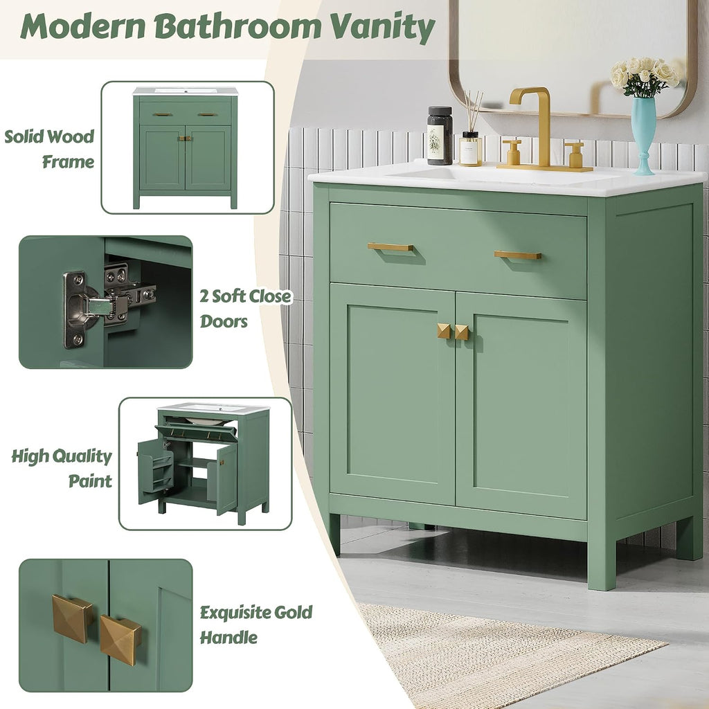 Harper & Bright Designs 60' Bathroom Vanity Set with Double Sink, Vanity Cabinet with Flip Drawer, 2 Doors, and Adjustable Shelf, Solid Wood Bathroom Cabinet with Ceramic Basin for Bathroom, Green